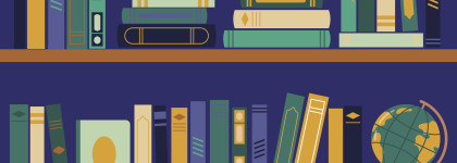Graphic with a bookshelf with books and a trophy, plant and globe for freedom to read in cool colours. 