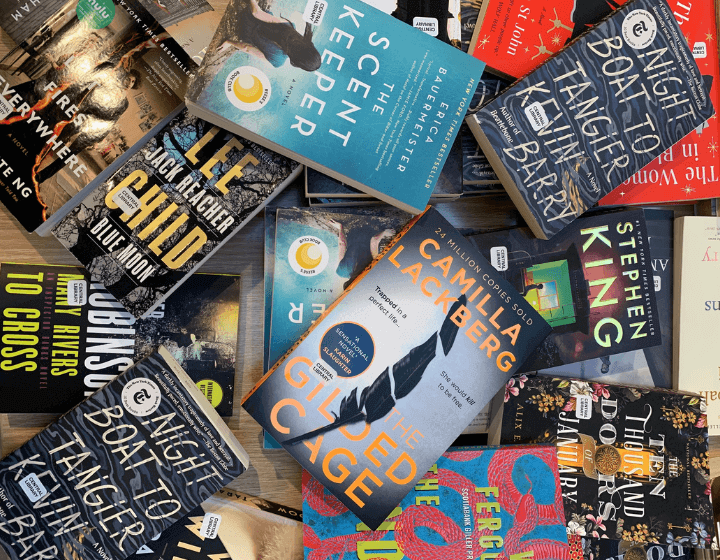 background image: Photo of various books spread out on a table. 