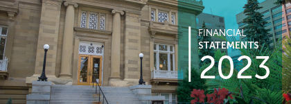 Photograph of Memorial Park Library. Text on the right reads "financial statements 2023."