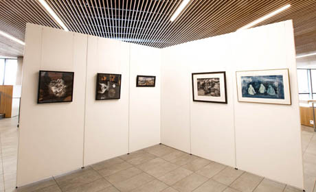 A visual of the art exhibit at Central Library. There are five different pictures mounted on the wall.