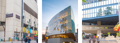 Three different images, the left one is a photograph of the Glenbow Museum, the middle on is of Central Library and the third one is of the Calgary Municipal Building.