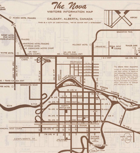 A 1960s-era visitor map of Calgary, showing major streets, landmarks and locations of motels and trailer parks.