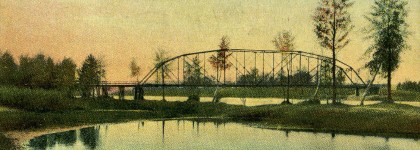 A vintage postcard of an old iron bridge crossing a calm river at sunset.
