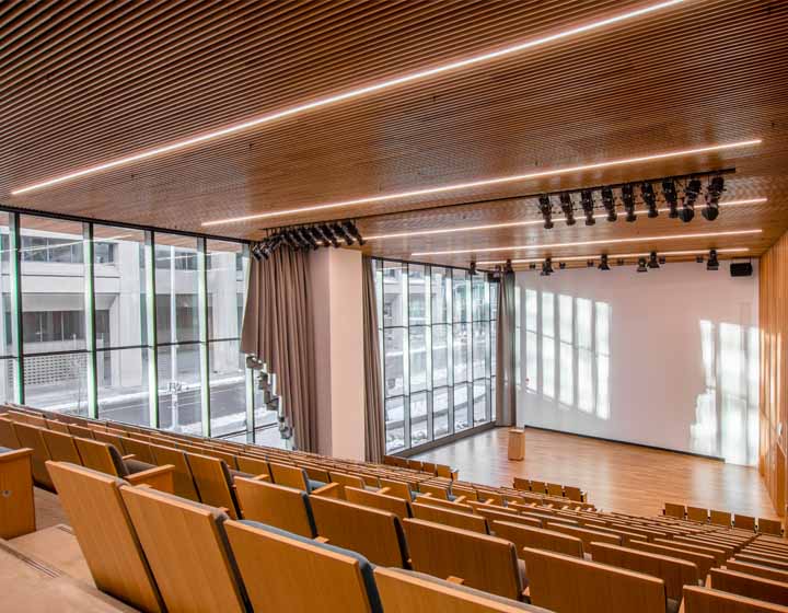 background image: A wooden-seated theatre known as the Patricia A. Whelan Performance Hall.