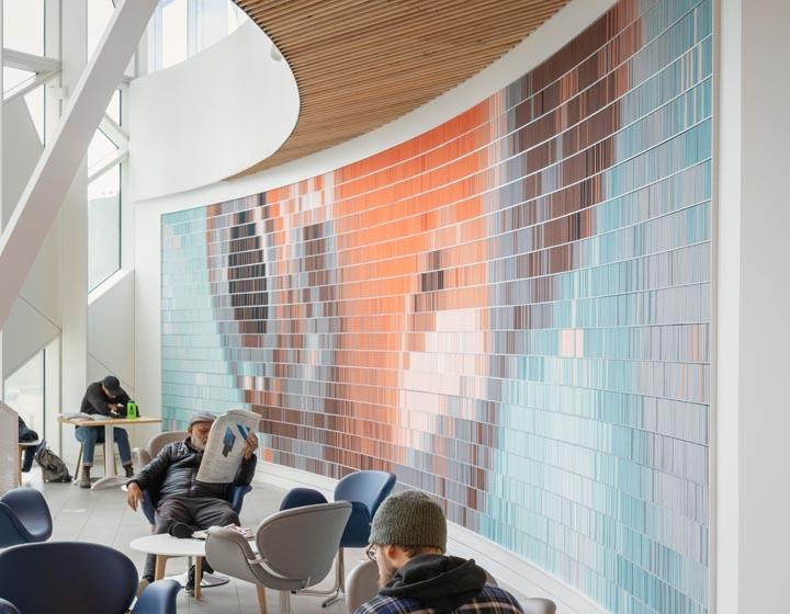 background image: This is a picture of a mural that looks like a goldfish. The goldfish is made of books of different colours stacked together to create a beautiful mural.