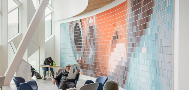 This is a picture of a mural that looks like a goldfish. The goldfish is made of books of different colours stacked together to create a beautiful mural.