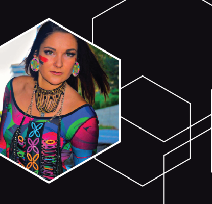 Graphic with a black background and hexagons outlined in white. In one of the hexagons is a photo of Indigenous Artist in Residence, Mackenzie Brown. 