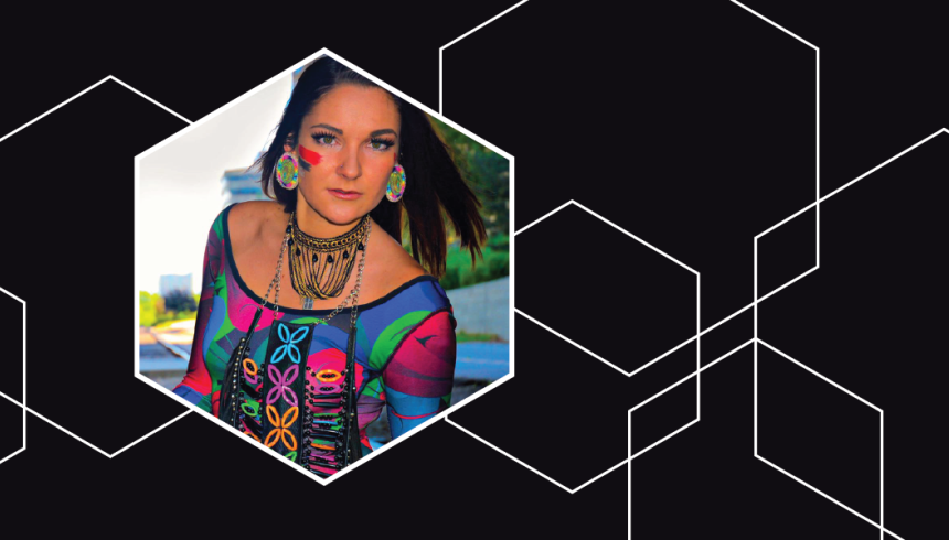 Graphic with a black background and hexagons outlined in white. In one of the hexagons is a photo of Indigenous Artist in Residence, Mackenzie Brown. 