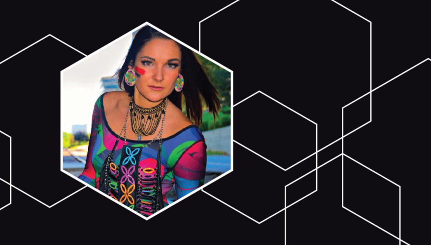 Graphic with a black background and hexagons outlined in white. In one of the hexagons is a photo of Indigenous Artist in Residence, Mackenzie Brown. 