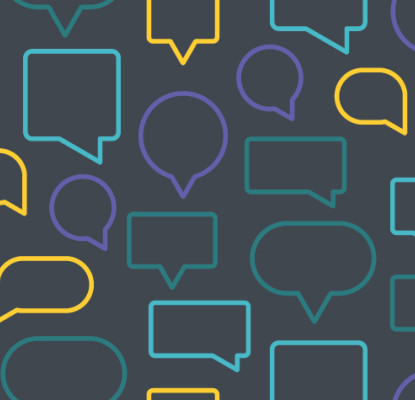 Black background with yellow purple green and teal outlines of speech bubbles used for Transparent Language Online
