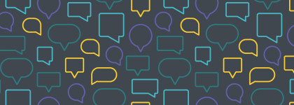 Black background with yellow purple green and teal outlines of speech bubbles used for Transparent Language Online