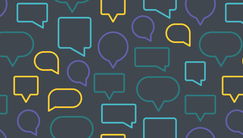 Black background with yellow purple green and teal outlines of speech bubbles used for Transparent Language Online