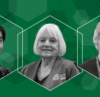 A green banner with a hexagon design around three black and white photos of 2026 Volunteers