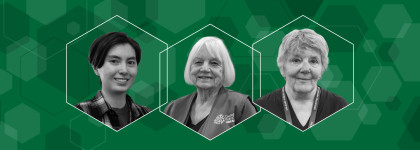 A green banner with a hexagon design around three black and white photos of 2026 Volunteers