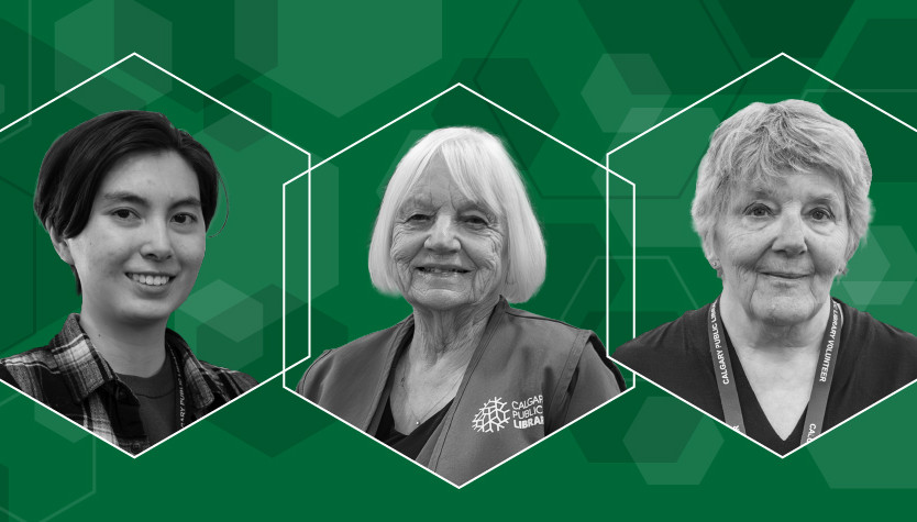 A green banner with a hexagon design around three black and white photos of 2026 Volunteers