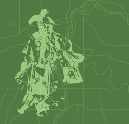 Green illustration of three powwow dancers over a line-drawn map background.