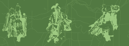 Green illustration of three powwow dancers over a line-drawn map background.