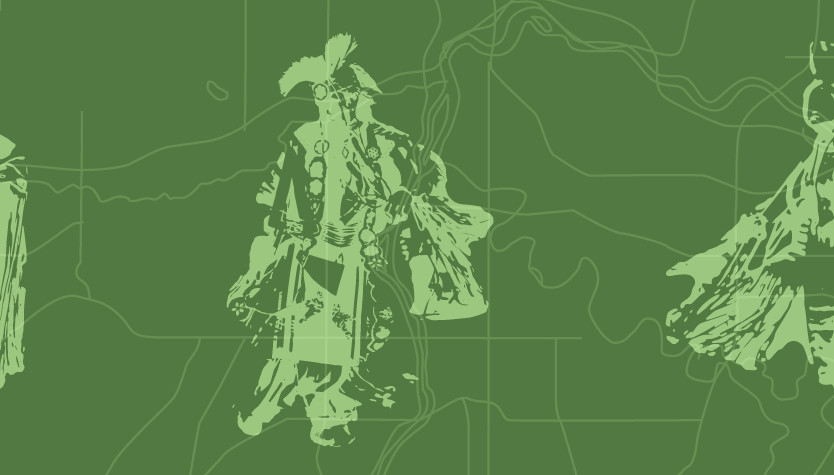 Green illustration of three powwow dancers over a line-drawn map background.