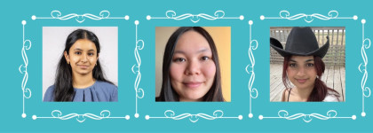 Banner with three portraits on a teal background, decorative white line details.