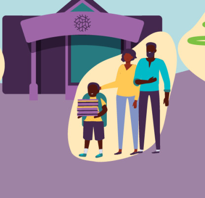 Illustration of families and Kindergarten aged children outside a Library building, with a staff member leading a children’s activity and people using an outdoor play area.