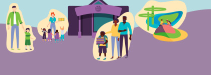 Illustration of families and Kindergarten aged children outside a Library building, with a staff member leading a children’s activity and people using an outdoor play area.