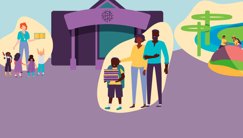 Illustration of families and Kindergarten aged children outside a Library building, with a staff member leading a children’s activity and people using an outdoor play area.