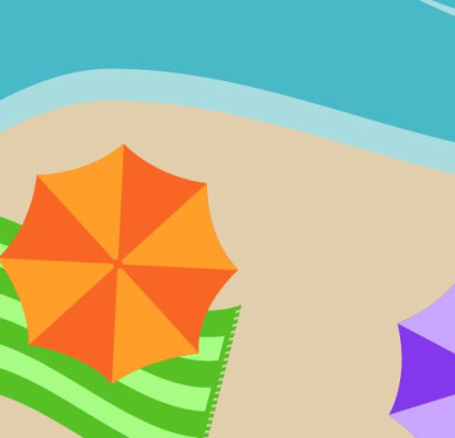 Illustration of a beach with umbrellas, towels, starfish, a crab, and water along the shoreline.