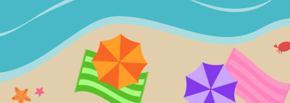 Illustration of a beach with umbrellas, towels, starfish, a crab, and water along the shoreline.