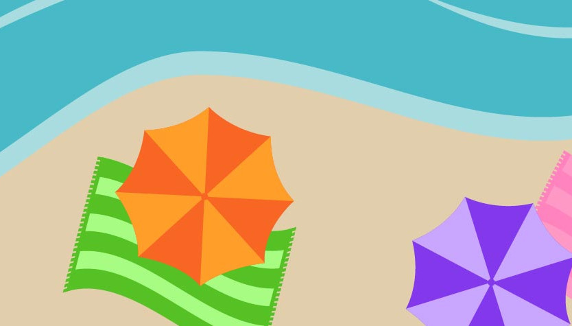 Illustration of a beach with umbrellas, towels, starfish, a crab, and water along the shoreline.
