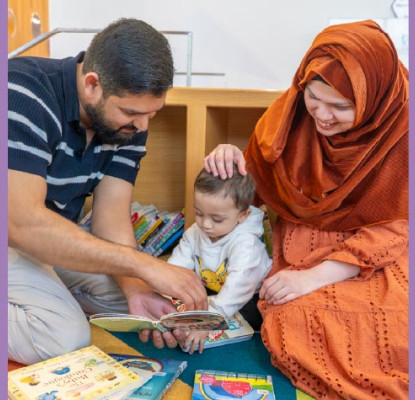Collage of two babies with books and a family reading together in a Library.