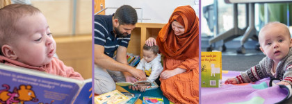 Collage of two babies with books and a family reading together in a Library.