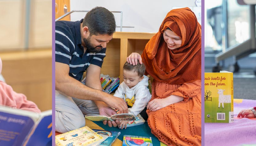 Collage of two babies with books and a family reading together in a Library.