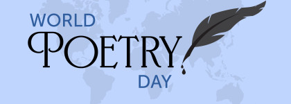 Text World Poetry Day overlaid on a map with a feather quill