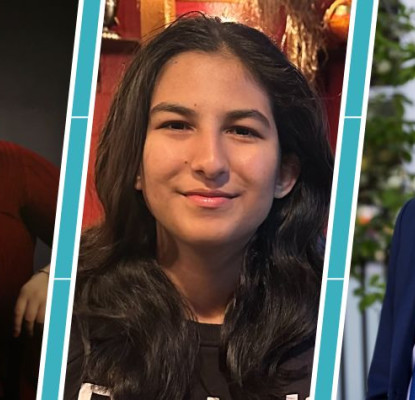 Graphic with a blue background and three photos of individuals smiling at the camera.