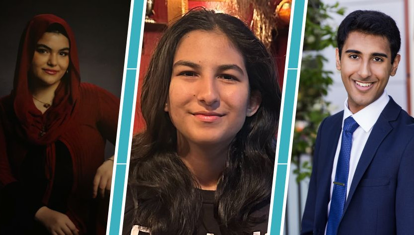 Graphic with a blue background and three photos of individuals smiling at the camera.
