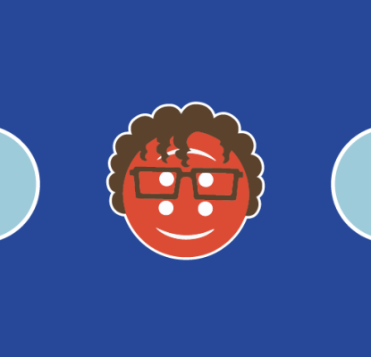Graphic with a blue background and 5 circles in light blue and orange. The centre orange circle resembles an individual with glasses, brown hair and a smiling face. 