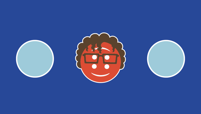 Graphic with a blue background and 5 circles in light blue and orange. The centre orange circle resembles an individual with glasses, brown hair and a smiling face. 