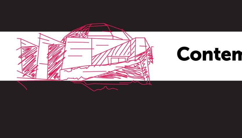 Graphic with a white background and a pink illustration of a building. The text on the graphic reads "Contemporary Calgary."