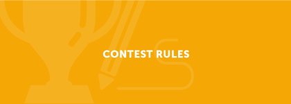 A yellow graphic with illustrations of a pencil writing and a trophy. Text on the graphic reads "contest rules."