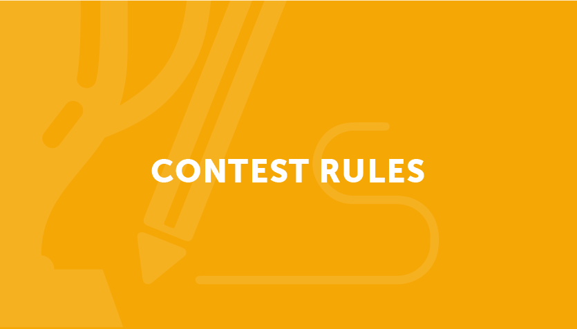 A yellow graphic with illustrations of a pencil writing and a trophy. Text on the graphic reads "contest rules."