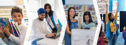 Images of people of various ages in a library setting.