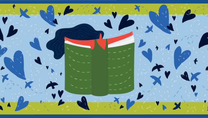 Graphic with a blue background with green banners along the top and bottom. There is an illustration of a green book and hearts floating around the graphic. 