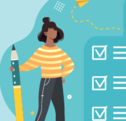 Illustration of a woman holding a giant pencil, standing beside long checklists with completed boxes. A small potted plant sits on the ground, and a paper airplane flies in the background, symbolizing productivity and goal setting.