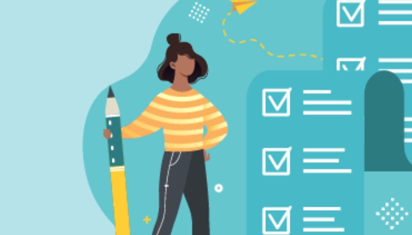Illustration of a woman holding a giant pencil, standing beside long checklists with completed boxes. A small potted plant sits on the ground, and a paper airplane flies in the background, symbolizing productivity and goal setting.