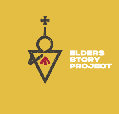 Graphic with a yellow background, logo from the Elders Story Project. Text on the graphic reads "elders story project."