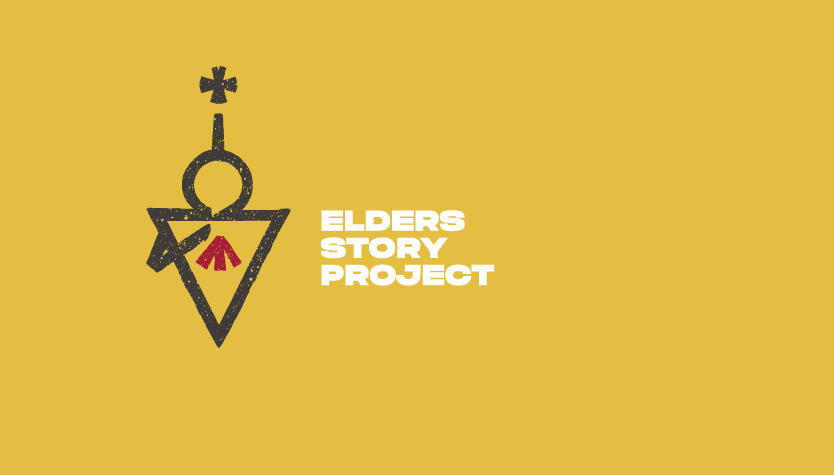 Graphic with a yellow background, logo from the Elders Story Project. Text on the graphic reads "elders story project."