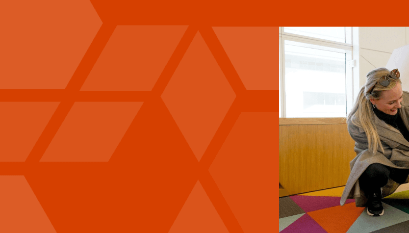 Graphic with an orange background and geometric pattern. On the right side is a photograph of a woman holding a baby. 