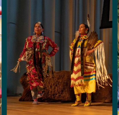 Three images featuring Indigenous culture, including drumsticks resting on a drum, two people in traditional regalia on stage, and a person holding a puppet outdoors at an event table.