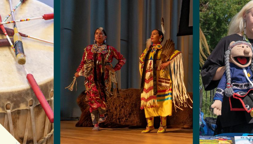 Three images featuring Indigenous culture, including drumsticks resting on a drum, two people in traditional regalia on stage, and a person holding a puppet outdoors at an event table.