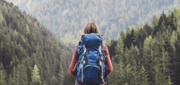 A photograph of a woman standing and looking out at the mountains covered in evergreen trees.